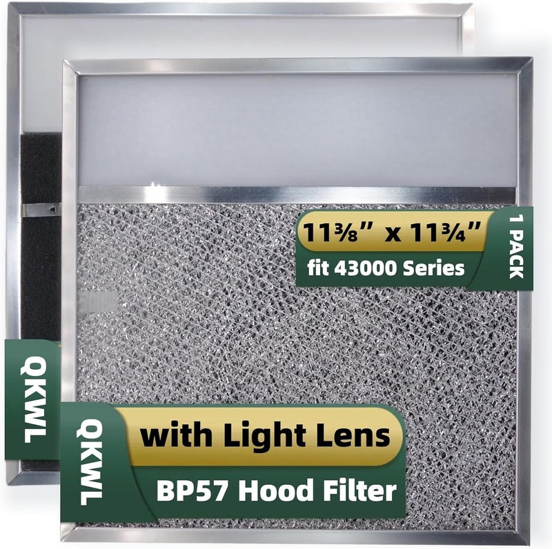 QKWL فلتر شفاط BP57 مع عدسة ضوء 11-3/8 × 11-3/4 إنش 1-Pack فلتر هواء دهون الألمنيوم لشفاط المطبخ Broan-NuTone 43000 - Image 1